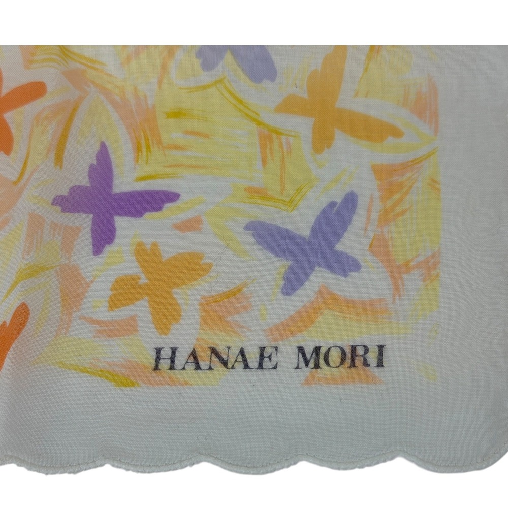 Hanae Mori Vintage Butterfly Print Scalloped hand rolled Edge Handkerchief